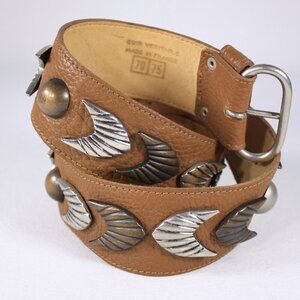 Vintage 29.5" handmade French leather belt with solid metal accents, brown South